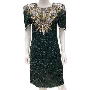 Denise Elle VTG Dress Women’s Size Medium Silk Beading in Dark Green